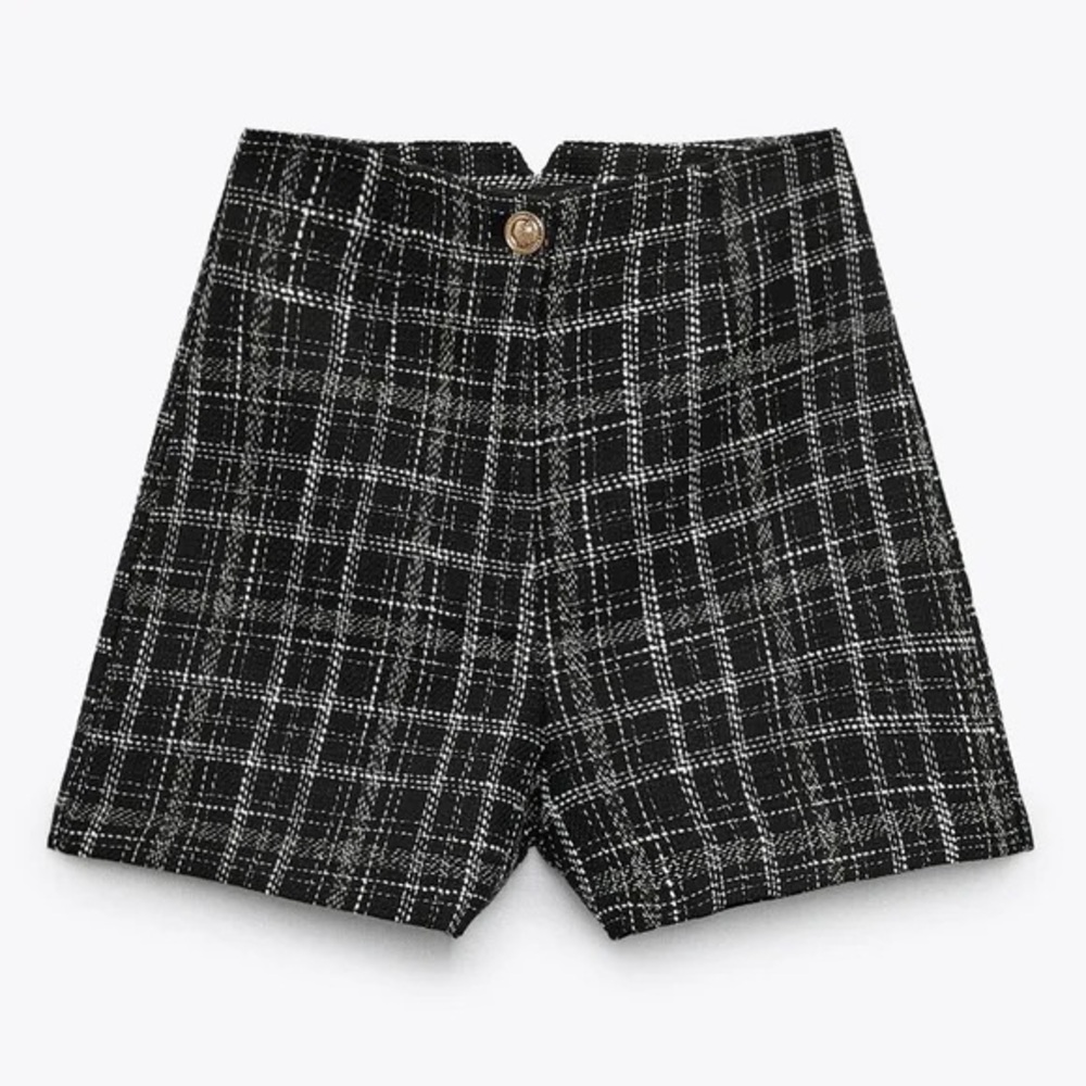 Zara Black and White Plaid Tweed Women Shorts